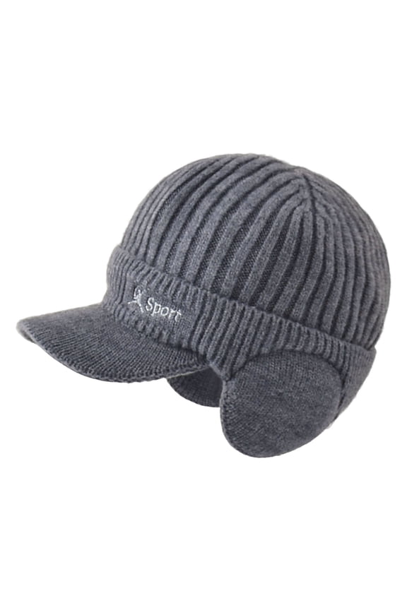 Wide Brim Letter Print Ribbed Baseball Cap Men Ear Protection Winter Knitted Hat