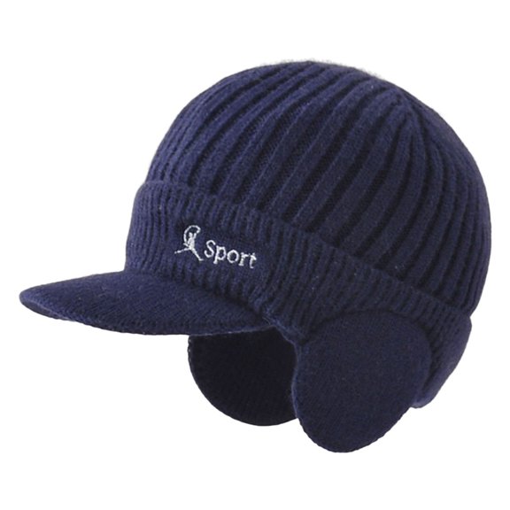 harmtty Wide Brim Letter Print Ribbed Baseball Cap Men Ear Protection Winter Knitted Hat