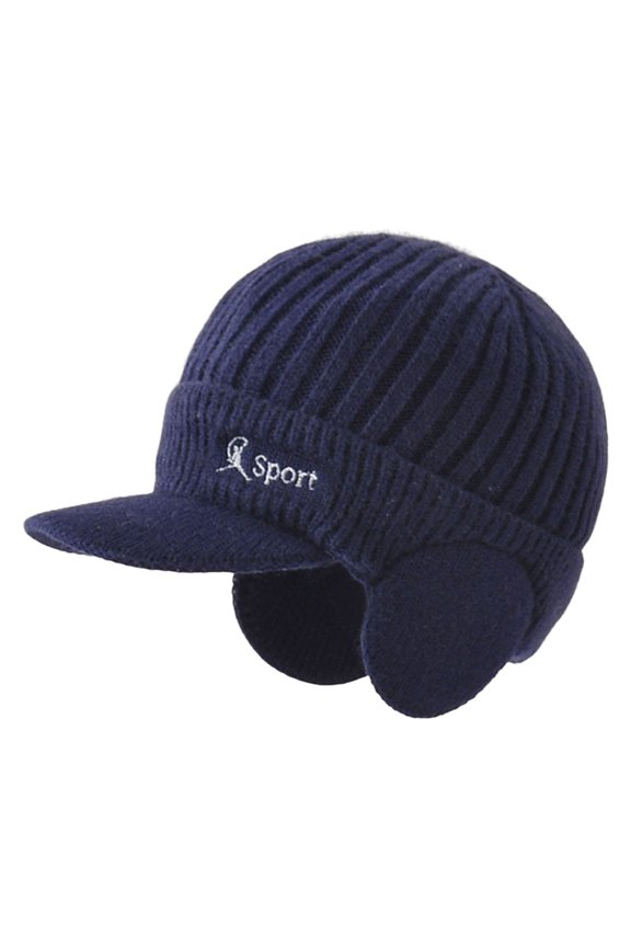 Wide Brim Letter Print Ribbed Baseball Cap Men Ear Protection Winter Knitted Hat