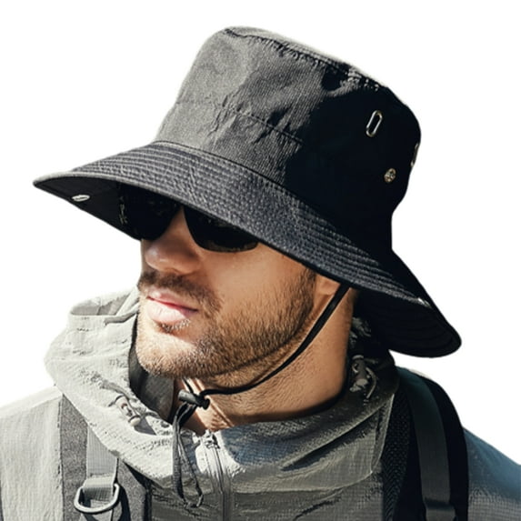 harmtty Windproof Bucket Hat Men Summer Sun Hat Windproof Strap Wide Brim Anti uv Sun Foldable Portable Gardening Fishing Travel Outdoor Fisherman Black