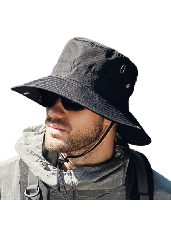 Windproof Bucket Hat Men Summer Sun Hat Windproof Strap Wide Brim Anti uv Sun Foldable Portable Gardening Fishing Travel Outdoor Fisherman Black