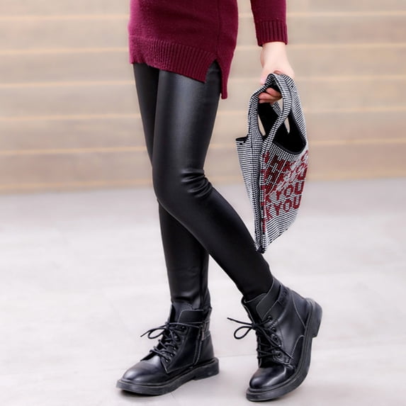 harmtty Winter Girls Faux Leather Pants Plush Liner Leggings Kids Skinny Warm Trousers