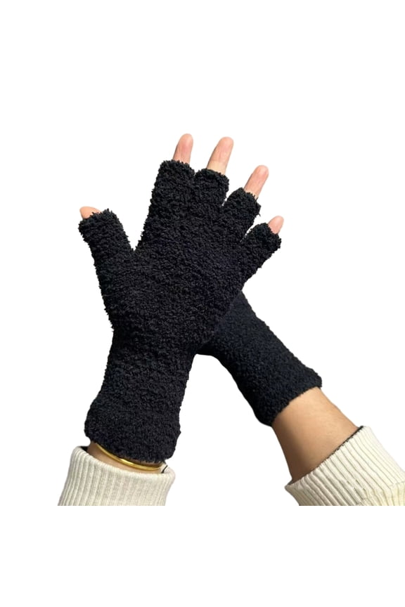 Winter Gloves Unisex Half-finger Thermal Gloves Soft Fleece Elastic Wrist Anti-slip Windproof Extended Wrist Ideal for Winter Weather Writing Typing 1 Black