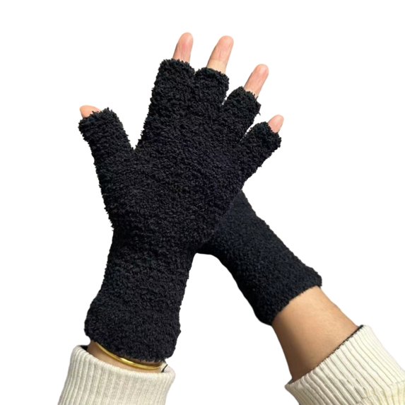 harmtty Winter Gloves Unisex Half-finger Thermal Gloves Soft Fleece Elastic Wrist Anti-slip Windproof Extended Wrist Ideal for Winter Weather Writing Typing 1 Black