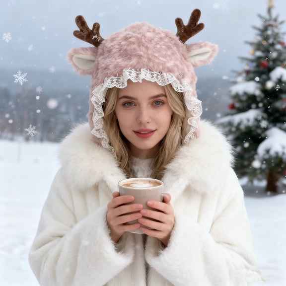 harmtty Winter Hat with Cartoon Deer Ears Plush Lining Ear Protection Hat Thickened Warm Adjustable Fit Leg Warmers Winter Wear