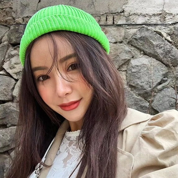 harmtty Winter Knitted Beanie Hat Casual Flanging Stretch Soft Warm Solid Color Autumn Winter Outdoor Skiing Cycling Women Men Unisex Skull Cap Fluorescent Green