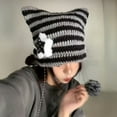 thumbnail image 1 of harmtty Winter Knitted Hat Cat Ear Design Plush Ball Decor Striped Print Windproof Warm Women Hat Cold Weather Headwear, 1 of 8