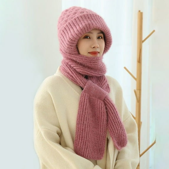 harmtty Winter Warm Hat with Scarf Solid Color Friendly to Skin Windproof Thickened Ear Outdoor Beanie Hat for Women Grey
