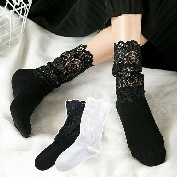 harmtty Winter socks 1 Pair Autumn Winter Women Lace Socks Mesh See Through Hollow Out Solid Color Sexy Elasticity Mid Tube Socks Daily Wear Black