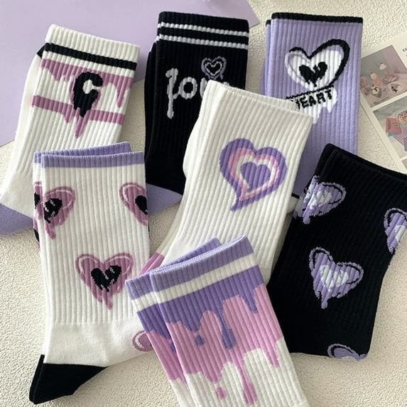 harmtty Winter socks 1 Pair Mid-calf Socks Korean Heart Embroidery Kawaii Hip Hop Color Matching Anti-slip Soft No Odor Sweat Absorption Lady Four Seasons Sports Socks White