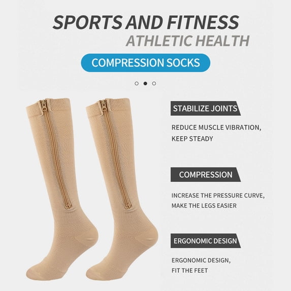 harmtty Winter socks 1 Pair Stockings Zipper Closure Convenient Wear Striped Print Solid Color Cold Resistant Compression Anti-slip Soft Warm Women Long Stockings Apricot
