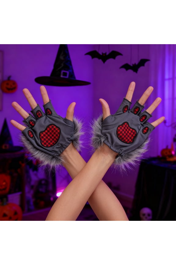 Wolf Paw Gloves Fingerless Warm Fuzzy Gloves Animal Cosplay Hand Paws Faux Fur Gloves for Halloween Christmas Dress-Up Party Costume