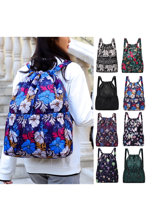 Women Backpack Flower Print Drawstring Lightweight Foldable Rucksack for Outdoor Travel Camping,H
