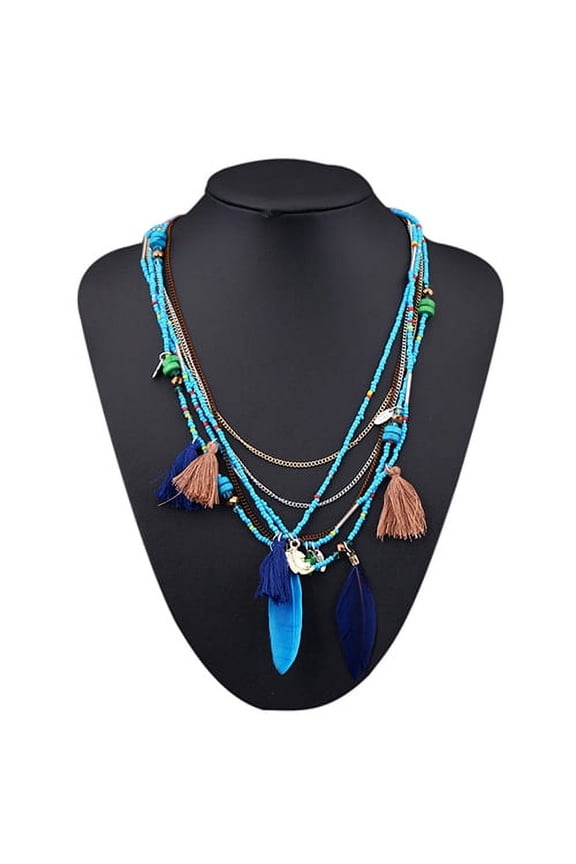 Women Boho Ethnic Style Feathers Tassels Beads Multi-layer Chain Necklace,Blue