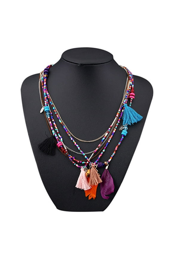 Women Boho Ethnic Style Feathers Tassels Beads Multi-layer Chain Necklace,Multicolor