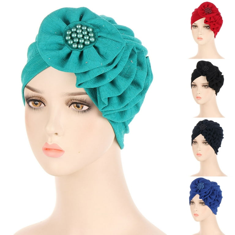 harmtty Women Bonnet Solid Color Soft Beads Multi-functional Durable  Elastic Elegant Multi Layers Flower Shape Lady Cap for Daily Wear,Navy Blue