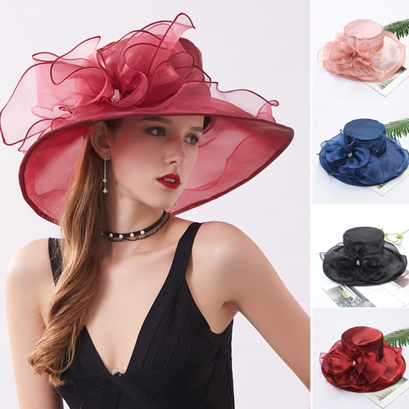 harmtty Women Church Cap Wide Brim Cloth Flower Temperament Foldable Rhinestones Buckle Hat for Wedding,Pink