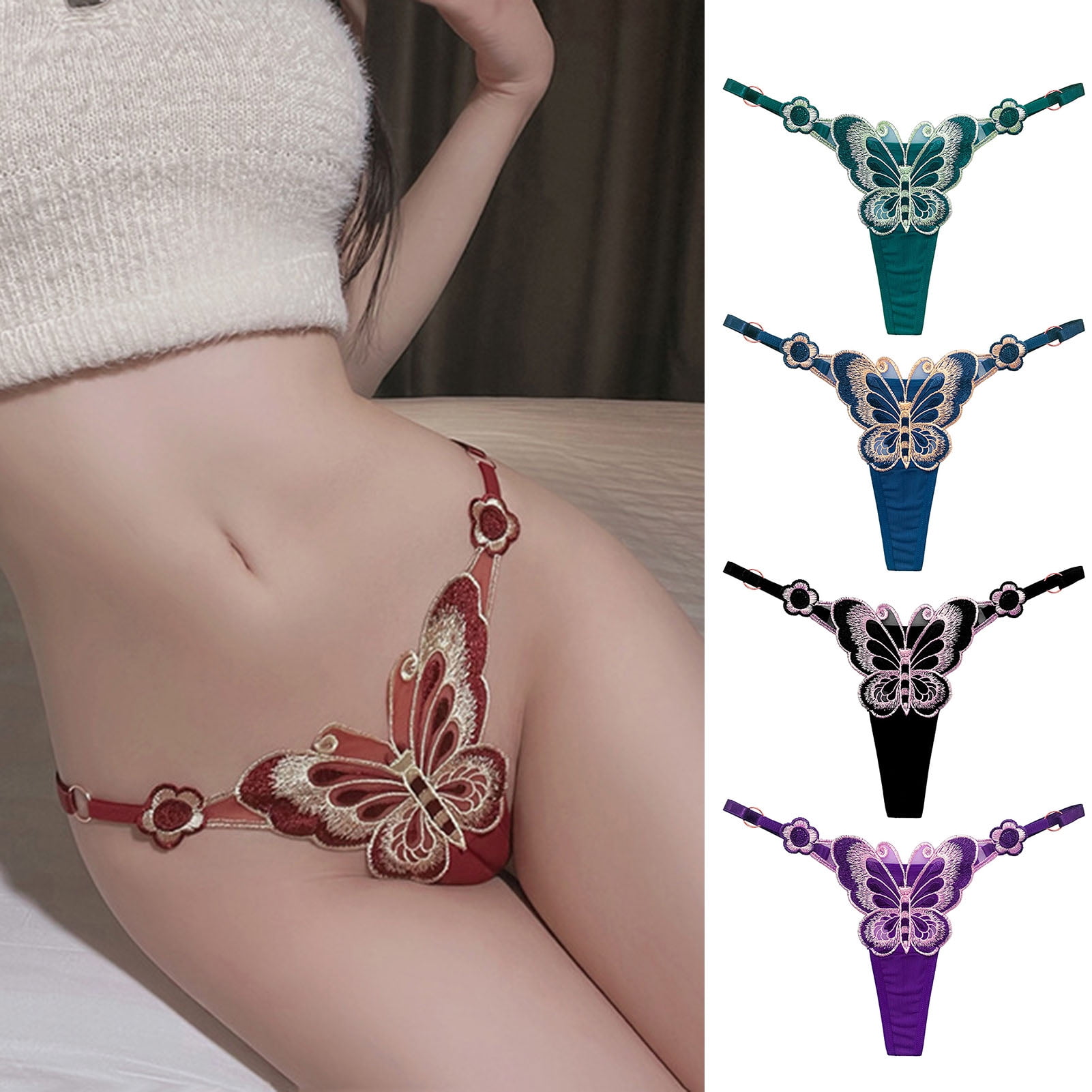 harmtty Women G-string Triangle Metal Ring Sexy Butterflies Embroidery  Adjustable Lady Thong Inner Wear Clothes,Blue,One Size 