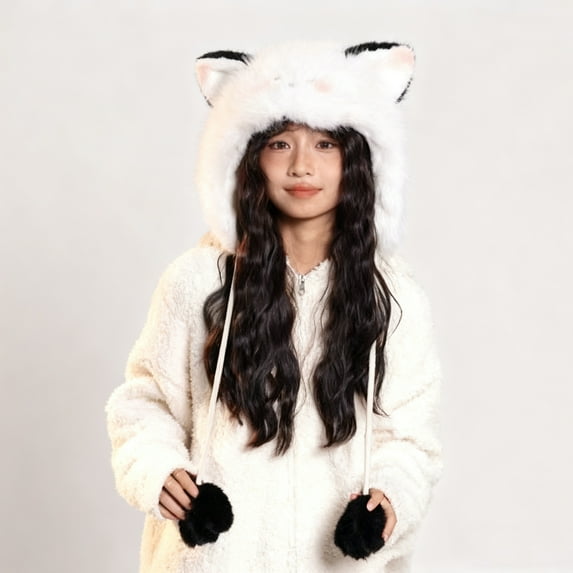 harmtty Women Hat Knitted Windproof Warm Winter Lei Feng Hat Cartoon Cat Shape Elastic Solid Color Thermal Cap