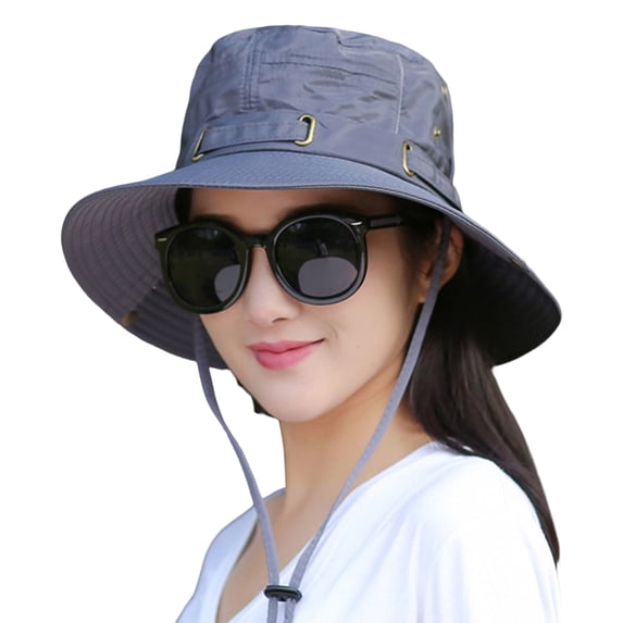 harmtty Women Hat Solid Color Fasten String Wear-resistant Round Shape Sunscreen Lady Sun Cap Outdoor Hat,Grey