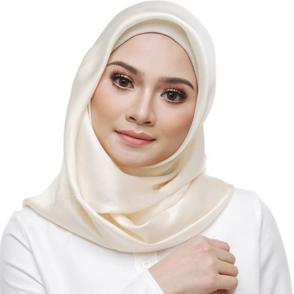 harmtty Women Headscarf Square Soft Imitation Silk Solid Color Scarf Head Wrap Shawl for Daily Life,Cream-colored