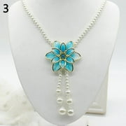 harmtty Women Jewelry Flower Pendant Faux Pearl Tassels Necklace Sweater Chain,Blue