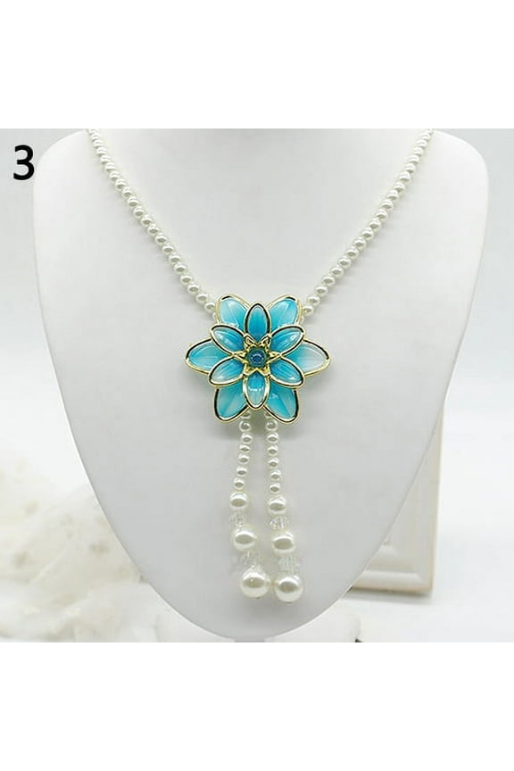 Women Jewelry Flower Pendant Faux Pearl Tassels Necklace Sweater Chain,Blue