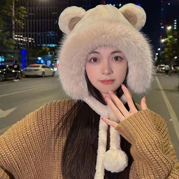 harmtty Women Plush Hat with Bear Ears Pompoms Strap Autumn Winter Soft Fuzzy Warm Windproof Outdoor Cycling Girls Ear Cap Khaki