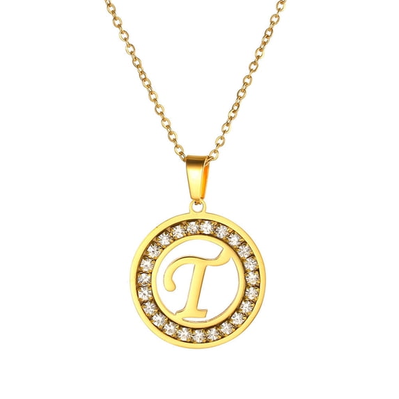 harmtty Women Round Pendant Necklace Gold Color A-Z 26 Letter Inlaid Rhinestone Clavicle Chain Jewelry Gifts,T