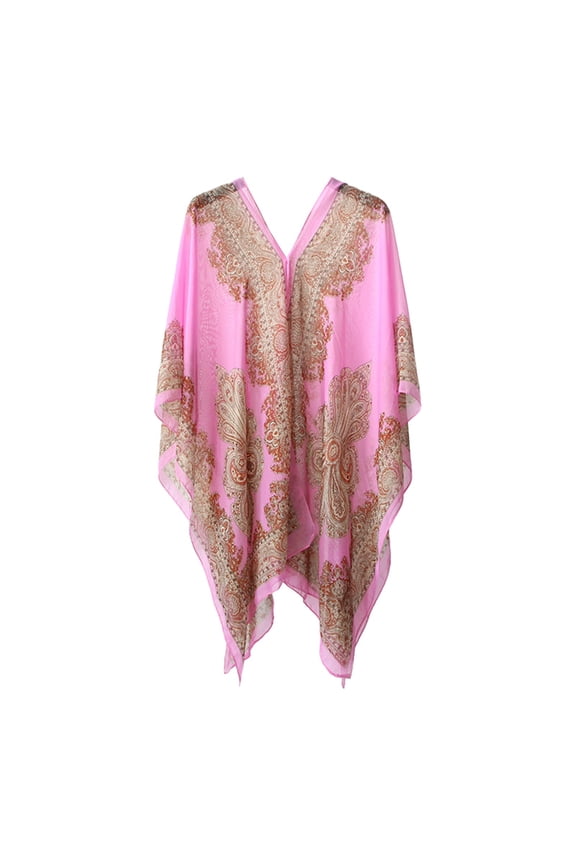 Women Scarf Poncho Cashew Flower Print Chiffon Vintage Anti-sun Bikini Cover Up for Beach,Pink