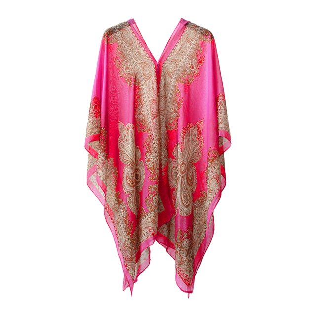 harmtty Women Scarf Poncho Cashew Flower Print Chiffon Vintage Anti-sun Bikini Cover Up for Beach,Red