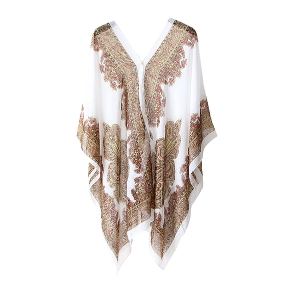harmtty Women Scarf Poncho Cashew Flower Print Chiffon Vintage Anti-sun Bikini Cover Up for Beach,White