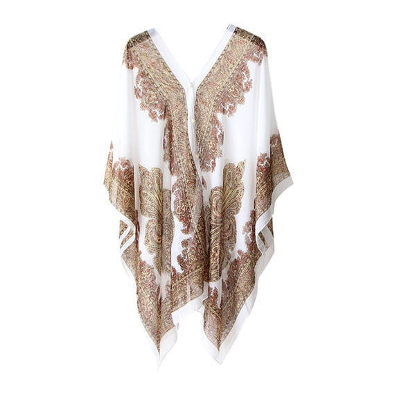 harmtty Women Scarf Poncho Cashew Flower Print Chiffon Vintage Anti-sun Bikini Cover Up for Beach,White