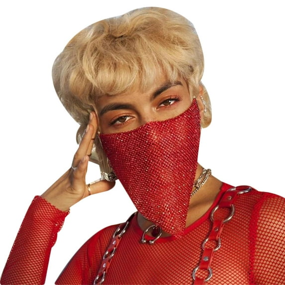 harmtty Women Sexy Reticulated Rhinestone Face Mouth Cover Night Club Party Veil Yashmak,Red