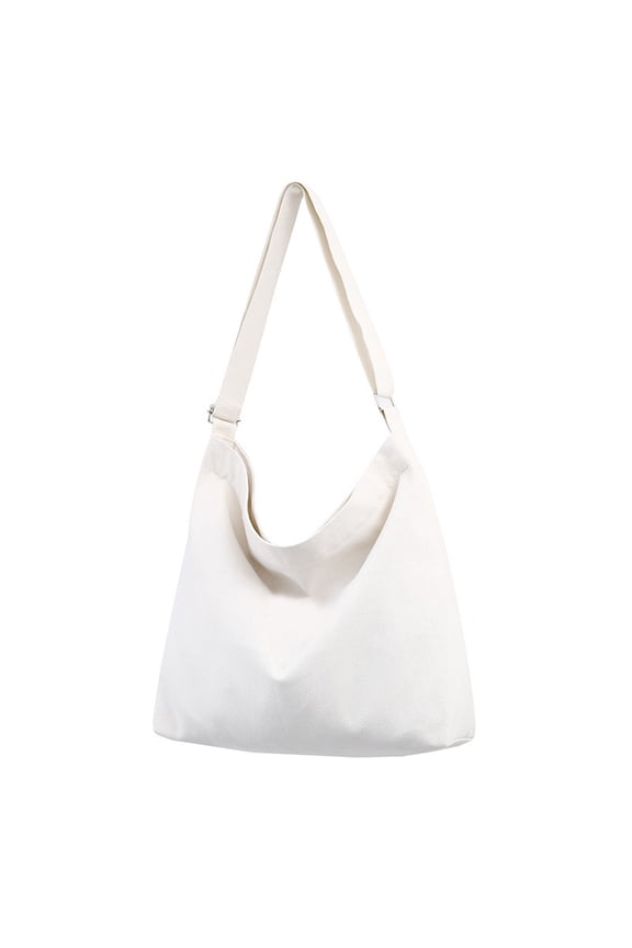 Women Solid Color Canvas Shoulder Bag Adjustable Strap Handbag Storage Pouch,White
