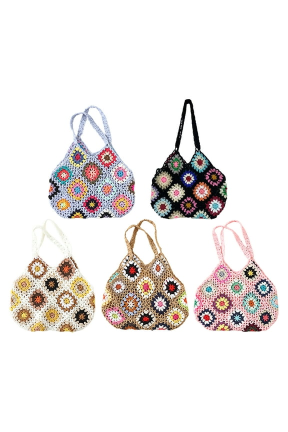 Women Tote Bag Floral Crochet Large Capacity Handmade Vintage Multicolor Hollow Out Handbag for Travel,White