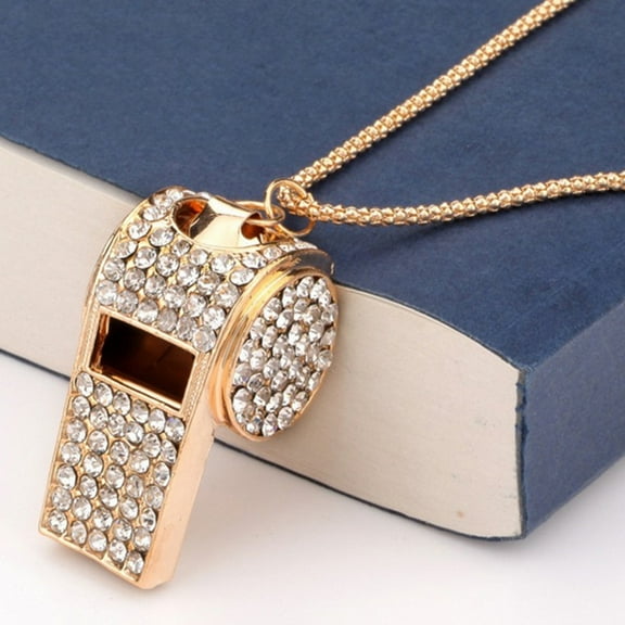 harmtty Women Whistle Shape Rhinestone Inlaid Pendant Long Chain Necklace Gift,Golden
