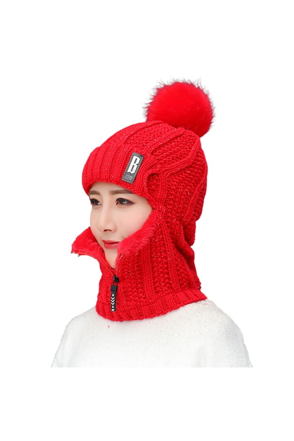 Wool Knitted Hat Thick Fur Ball Decoration Keep Face Warmer Scarf Collar Fashion Solid Color Zipper One-piece Beanies for Daily Wear,Red