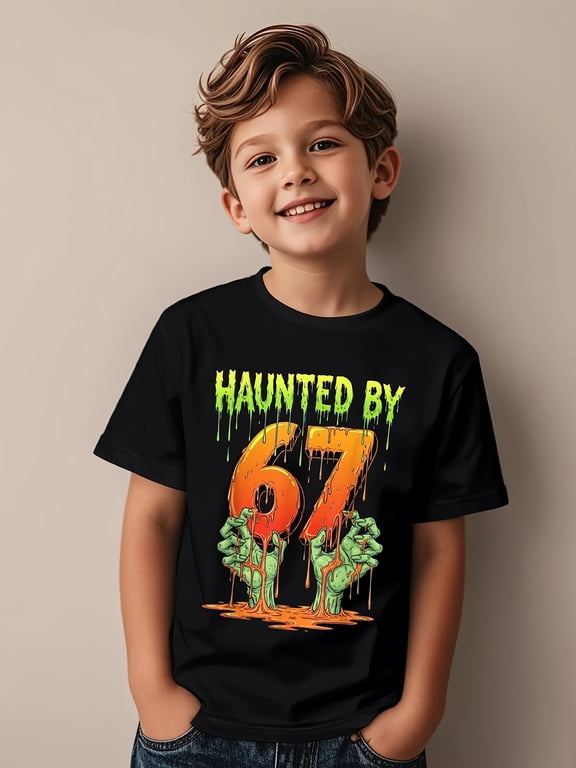 haunted by 67 ghost numbers 67 and drip t shirt black halloween party short sleeve casual crew neck tee wear