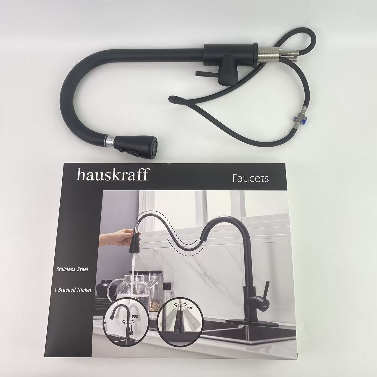 hauskraff  Faucets,Black Kitchen Faucets, Kitchen Faucet with Pull Down Sprayer, High Arc Single Handle Stainless Steel Sink Faucets 1 or 3 Hole, Classic Kitchen Sink Faucets
