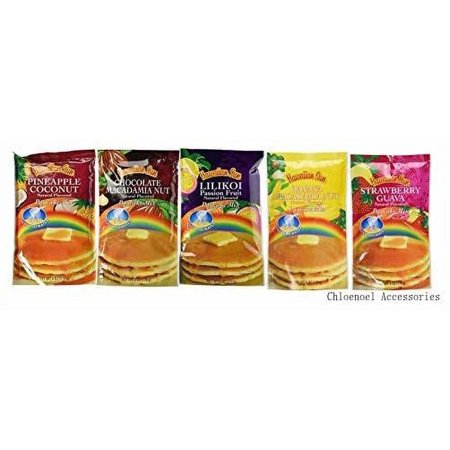 5 pack assorted pancake mix: chocolate , passion fruit, banana nut, coconut pineapple, strawberry guava