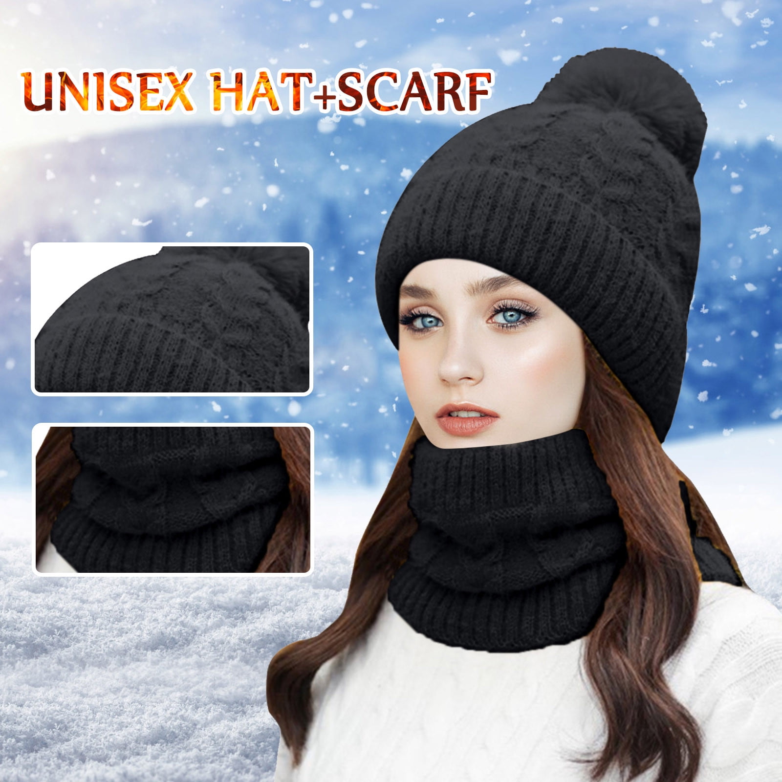 haxmnou fashion women winter knit hat ball collar set thick warm solid earmuff hat