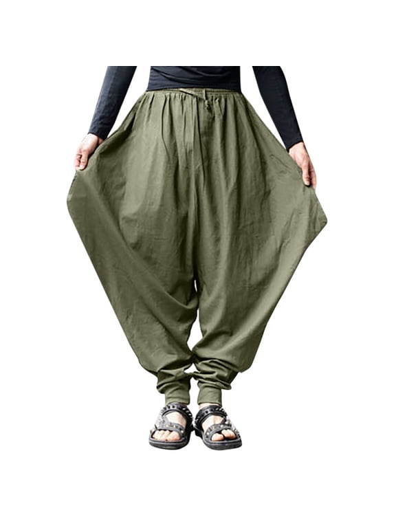 men retro cotton linen casual harem japanese pants hakama loose trousers plus green xl