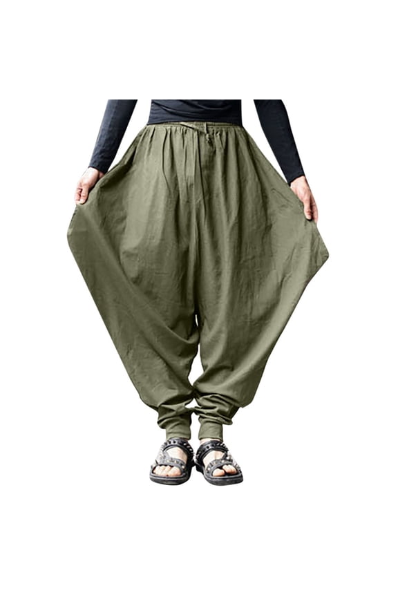 men retro cotton linen casual harem japanese pants hakama loose trousers plus green xl