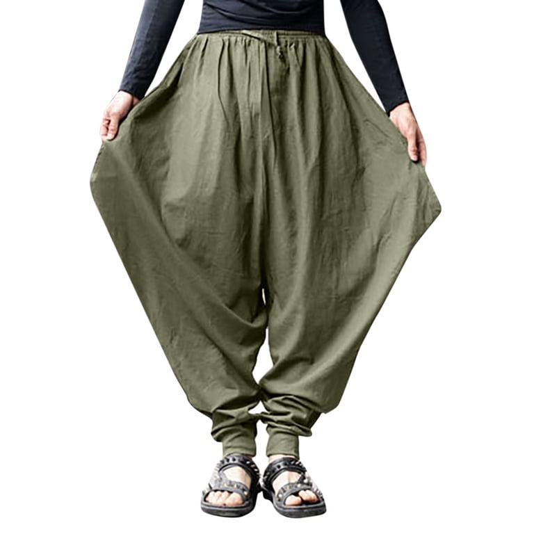 haxmnou men retro cotton linen casual harem japanese pants hakama