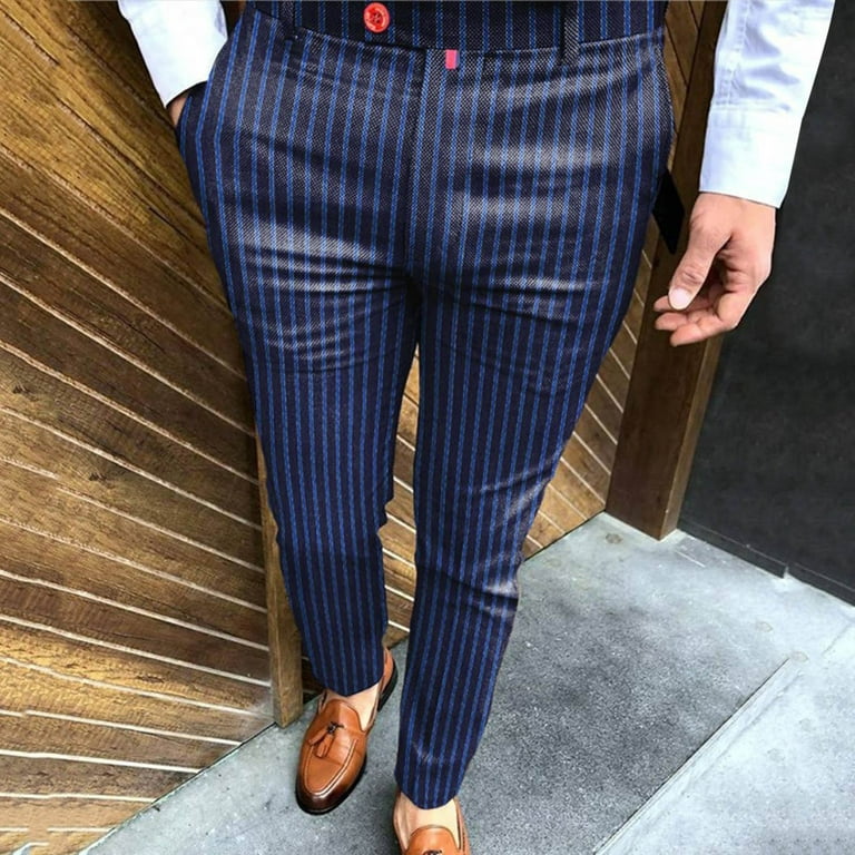 haxmnou men's casual striped dress pants slim fit flat front contrast color  skinny trousers navy l