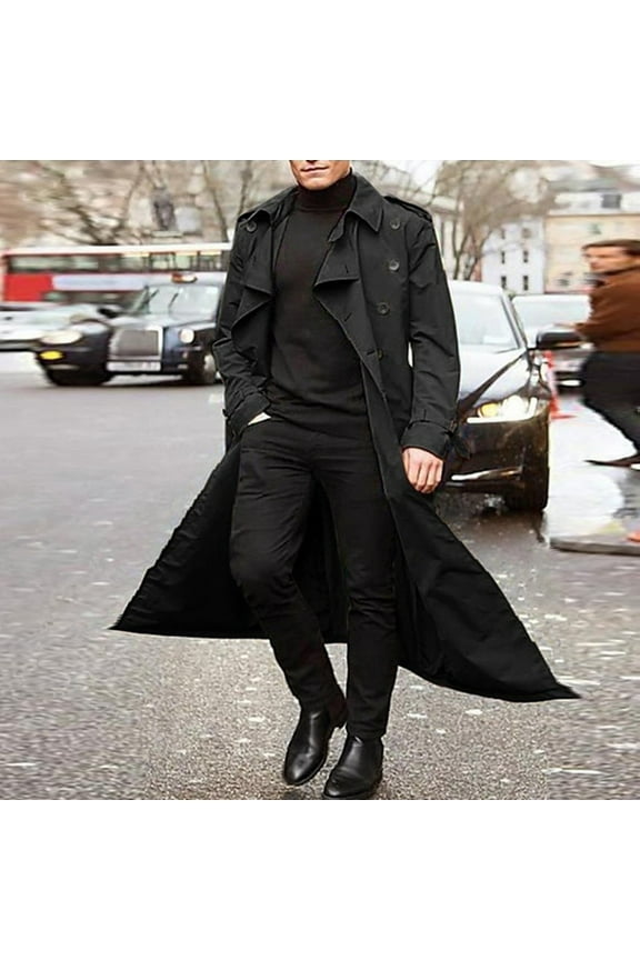 men's classic lapel long trench coat jacket windbreaker outwear casual overcoat black xl
