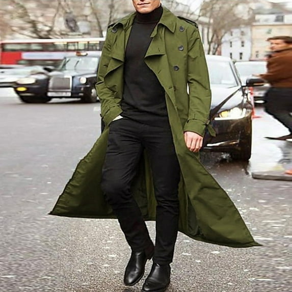 haxmnou men's classic lapel long trench coat jacket windbreaker outwear casual overcoat green s