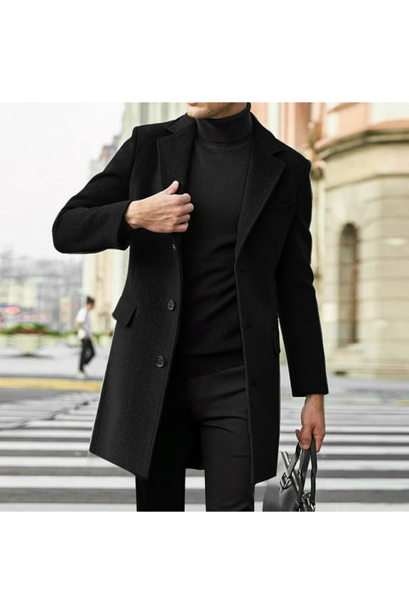 men's classic notched collar single wool blend pea coat black xl（Please Buy One Size Larger）
