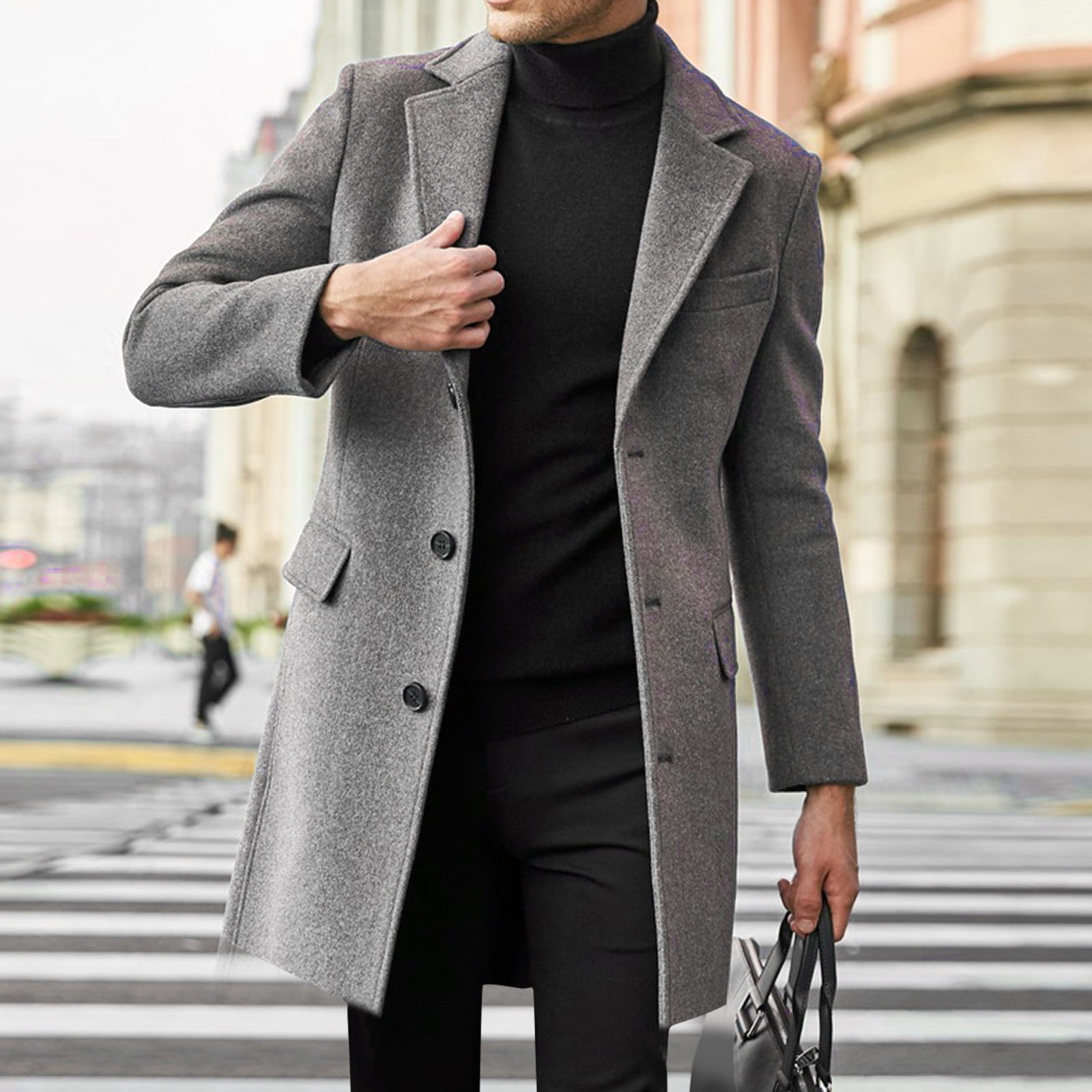 haxmnou men's classic notched collar single wool blend pea coat grey ...